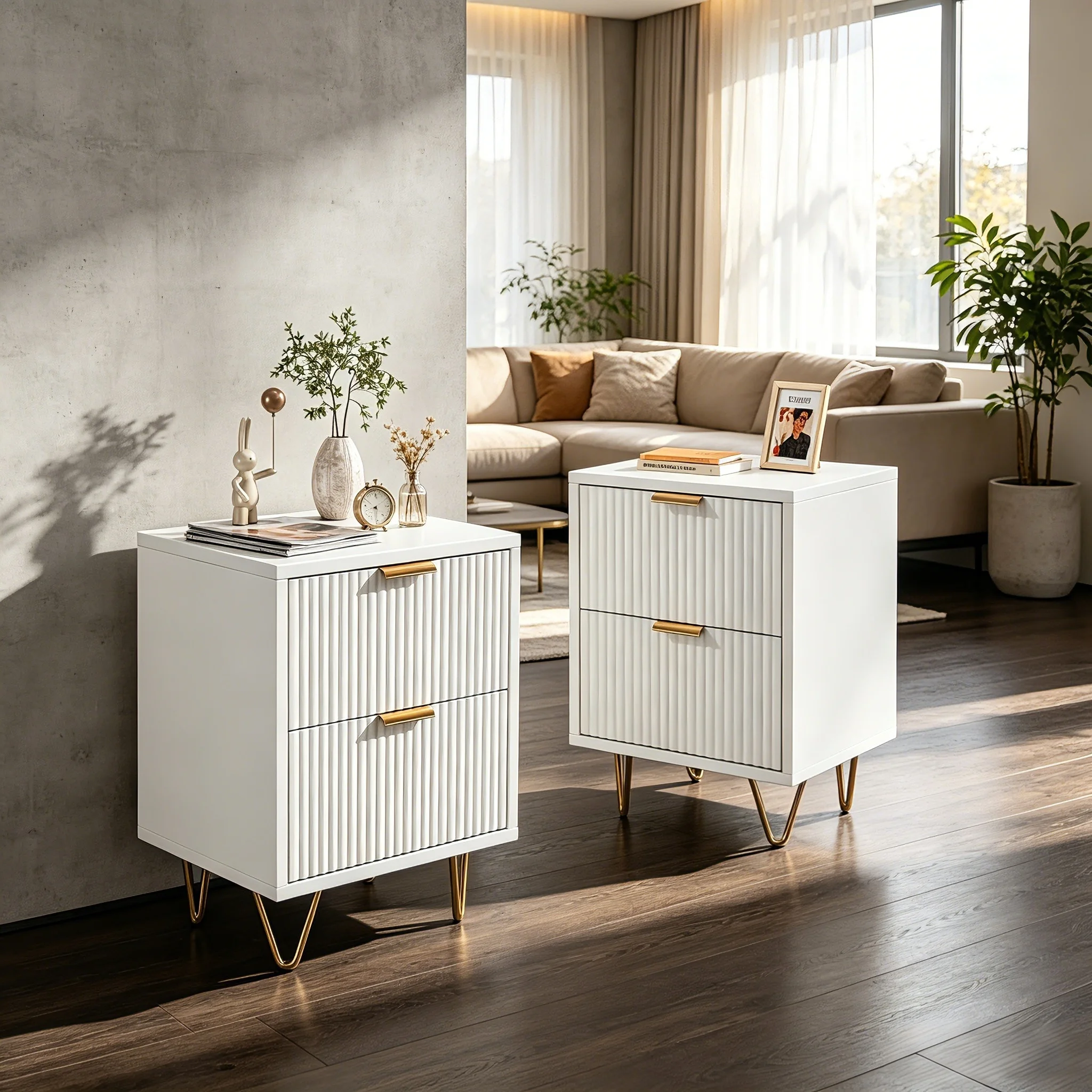 Fangange Lot de 2 tables de chevet blanches, table de chevet moderne à panneaux ondulés cannelés avec 2 tiroirs coulissants, pieds en métal doré style hairpin, meuble de rangement d'appoint pour chambre, salon, entrée