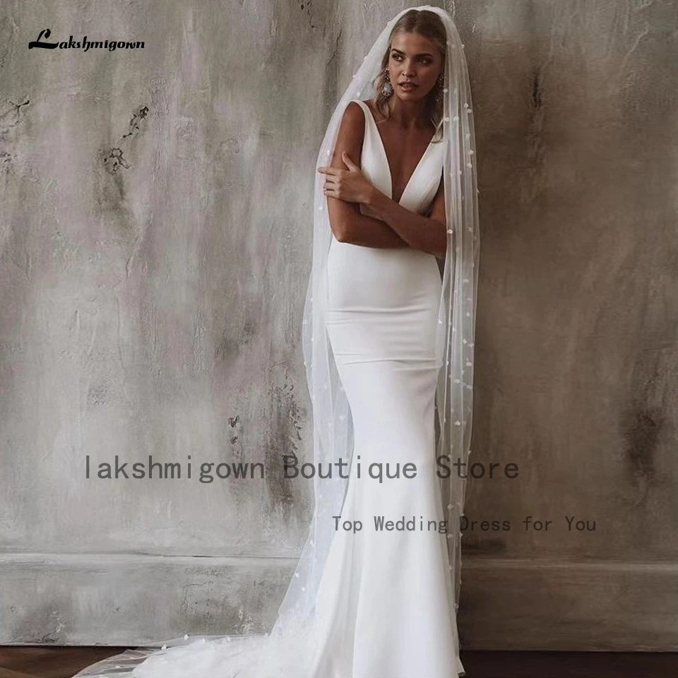 

Lakshmigown Sexy Women White Mermaid Wedding Dress With Cape 2023 Vestidos Civil Crepe Satin Bridal Boho Beach Wedding Gowns