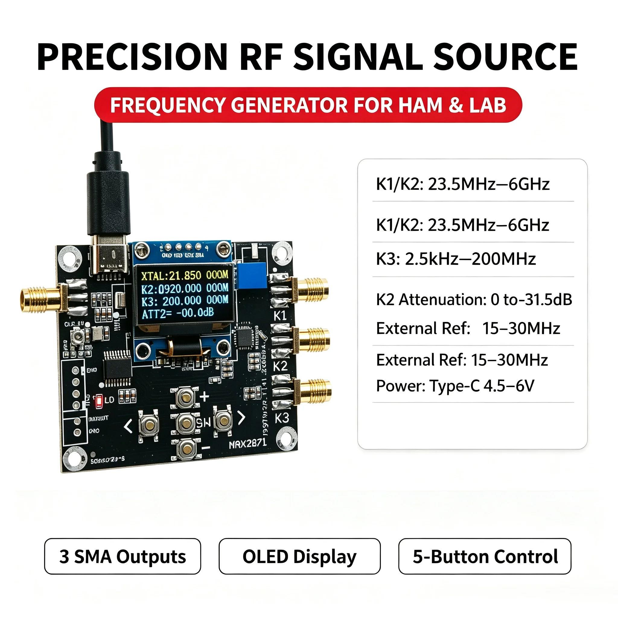 MAX2871 2.5K–6GHz Signal Generator Sine Wave SI5351 Square Wave Clock Source RF Digital Attenuator FOR Frequency Counter Meter