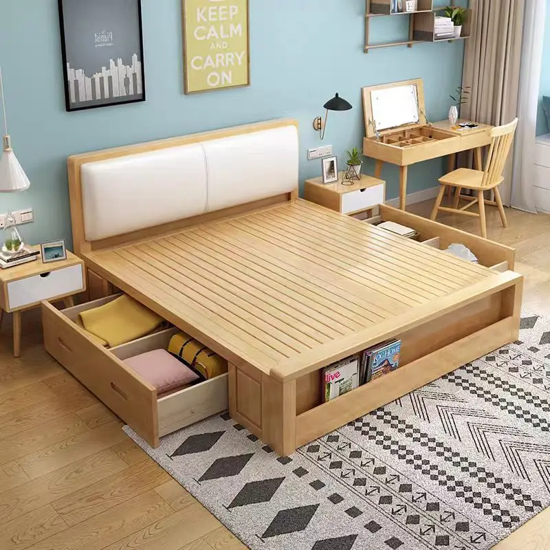 ！@Factory Direct Sale Simple Soft Pack Solid Wood Bed Modern Nordic Wooden Storage Wedding Bed Set With Side Tables