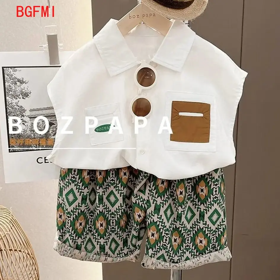 

Baby Boys Summer Clothing Boys Handsome Fashion Two-piece Set Children's Clothing Baby Sleeveless White Shirt+shorts Set Outfits