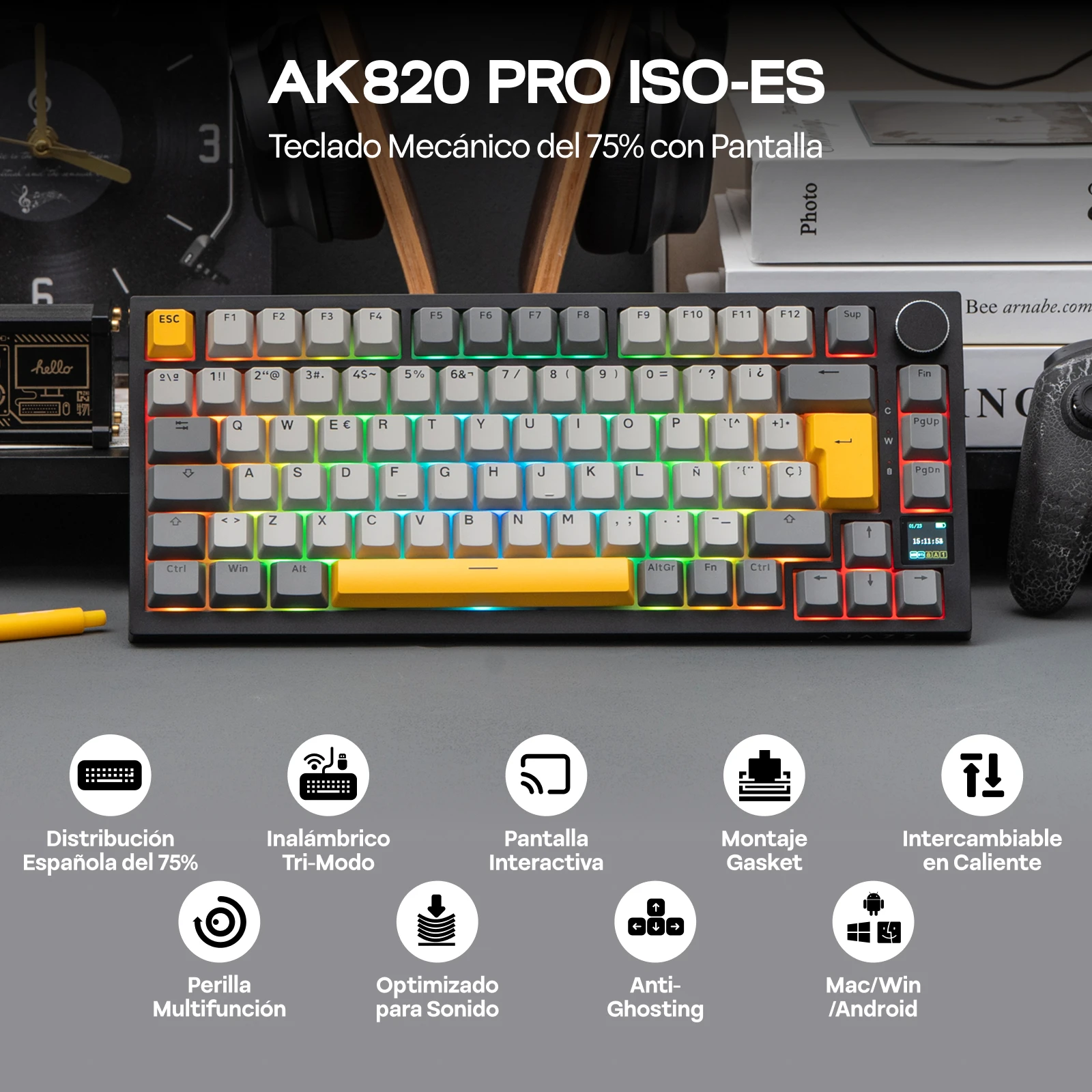 ISO-ES Layout EPOMAKER X AJAZZ AK820 PRO 75% Spanish Layout Wired/2.4GHz/BT Mechanical Keyboard with Custom Software & RGB Lighting