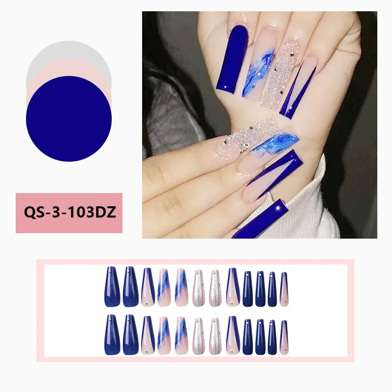 24pcs Ballerina Extra Long Press on Nails  Blue False Fake Nail Acrylic Press On Coffin Artificial Nail for Women Stick on