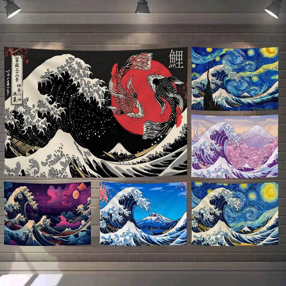 Japanese Wave Art Prints Tapestry Custom Living Bedroom Party Dormitory Interior Wall Bohemian Decoration Attached Clip