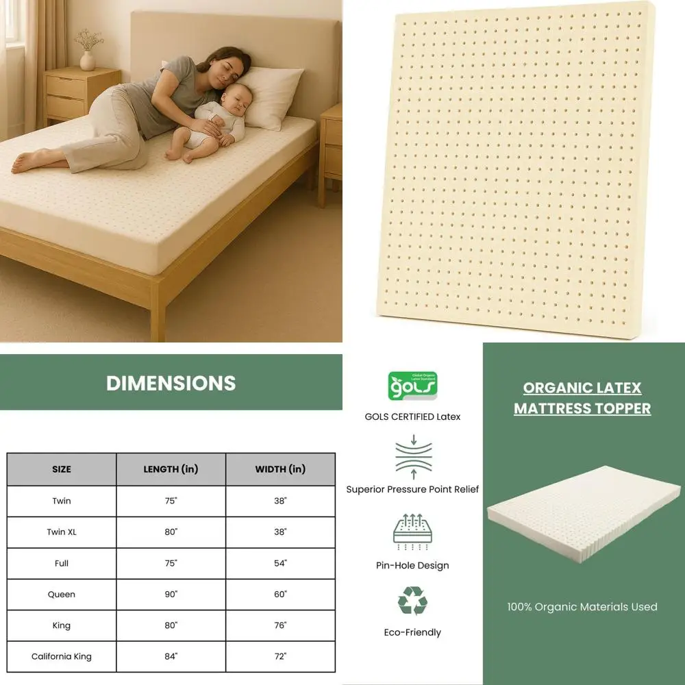 3 Organic Latex Mattress Topper with Cotton Cover - Hypoallergenic, Cooling, Back Support (Twin XL)