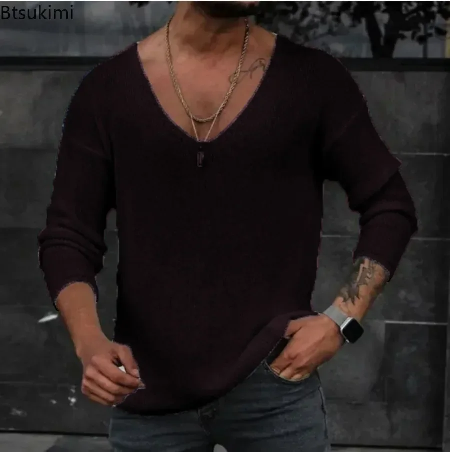 Nieuwe 2025 Mannen Casual Lange Mouw Gebreide Truien Tops Solid Fashion Trui Tops Voor Mannen Harajuku V-hals Streetwear Jumper