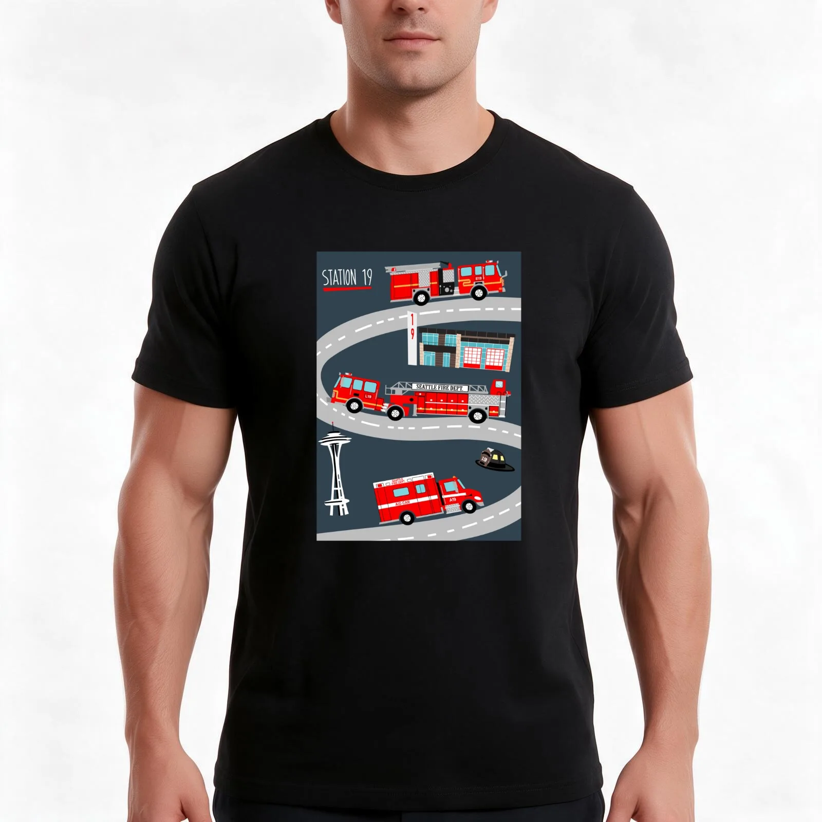 Station 19's Fire Trucks T-Shirt, Summer Casual Cotton Tee, Oversized Streetwear Tops, Vintage Graphic Print, Unisex Men Women