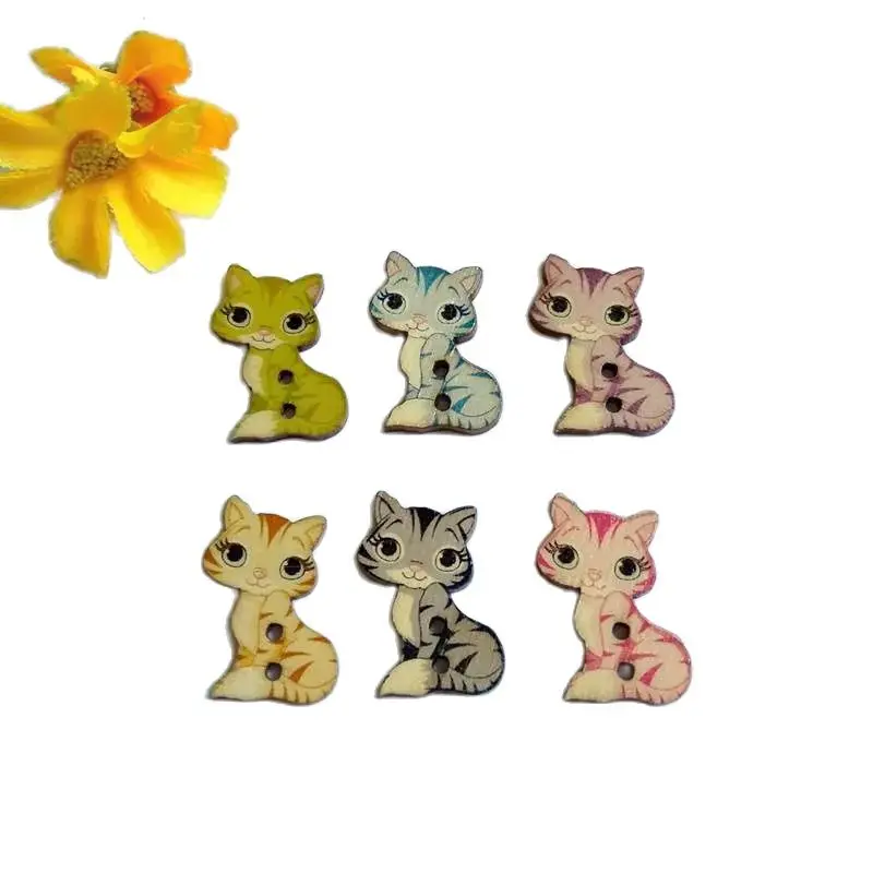 50PCs Flatback Multicolor Animals Cat Wooden Button 2 Holes DIY Scrapbooking Crafts Sewing Accessories Decorative Buttons 17x27