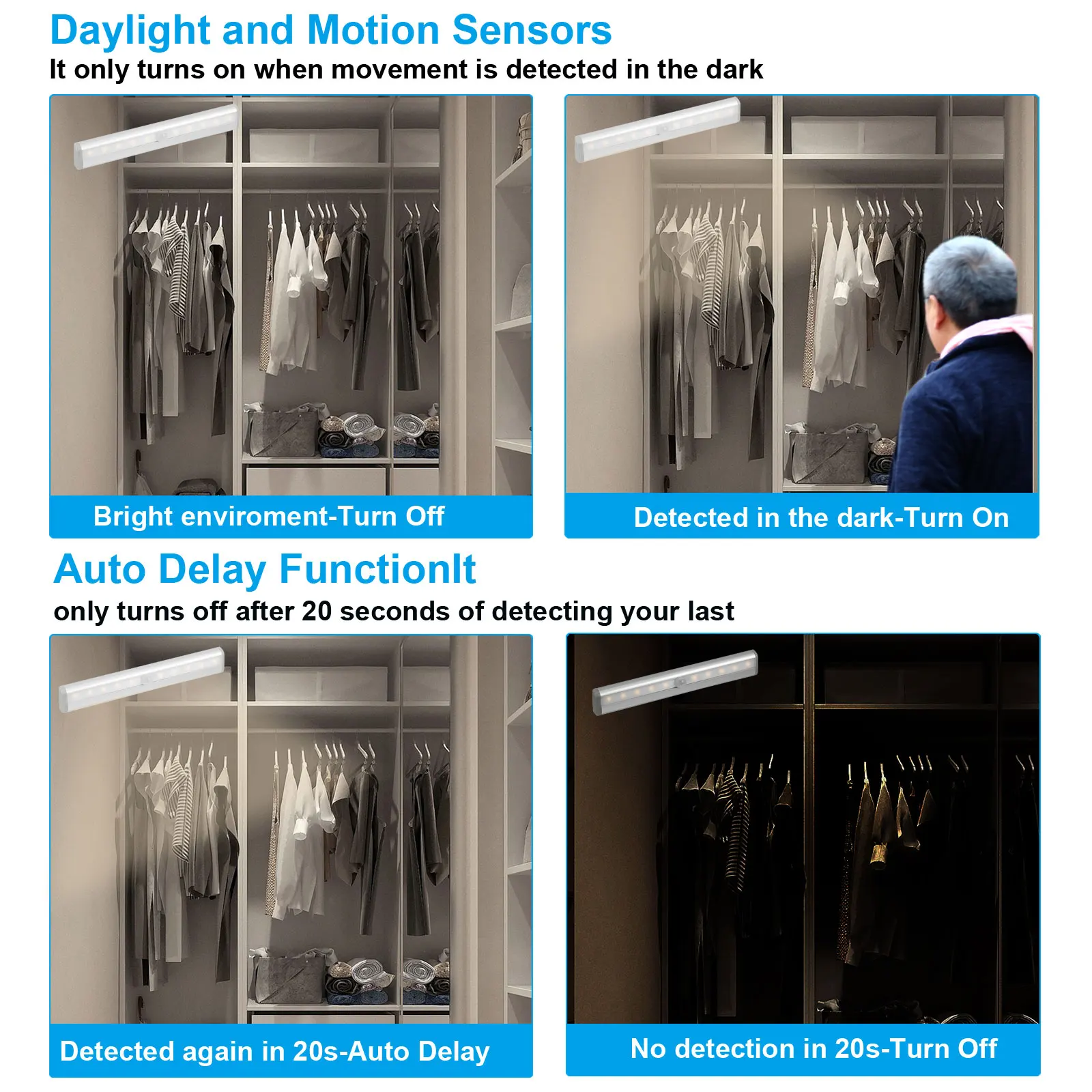 1/3Pcs Motion Sensor Night Lights Indoor LED Stair Lights Battery Operated Under Counter Light Strips for Closet Kitchen Bedroom