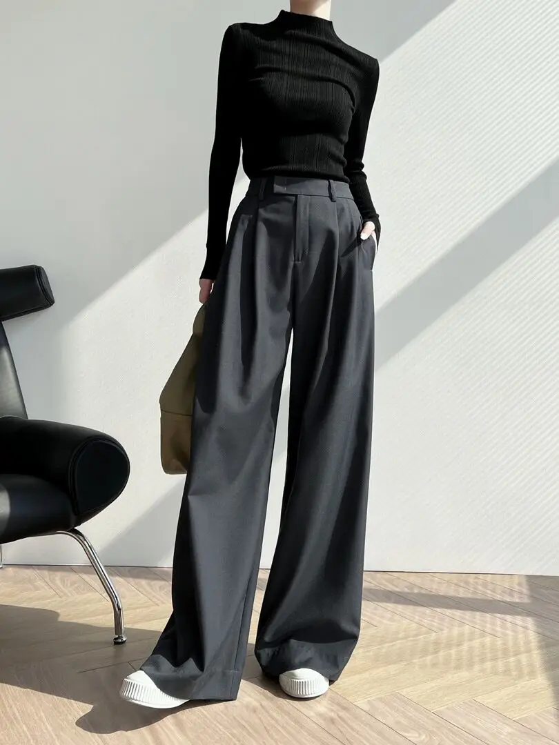 

Deep ey Casual Wide Leg Pants Women's Extended Length High Waist Straight Cut Suit Trousers Drapey Feel Korean Sle Commute