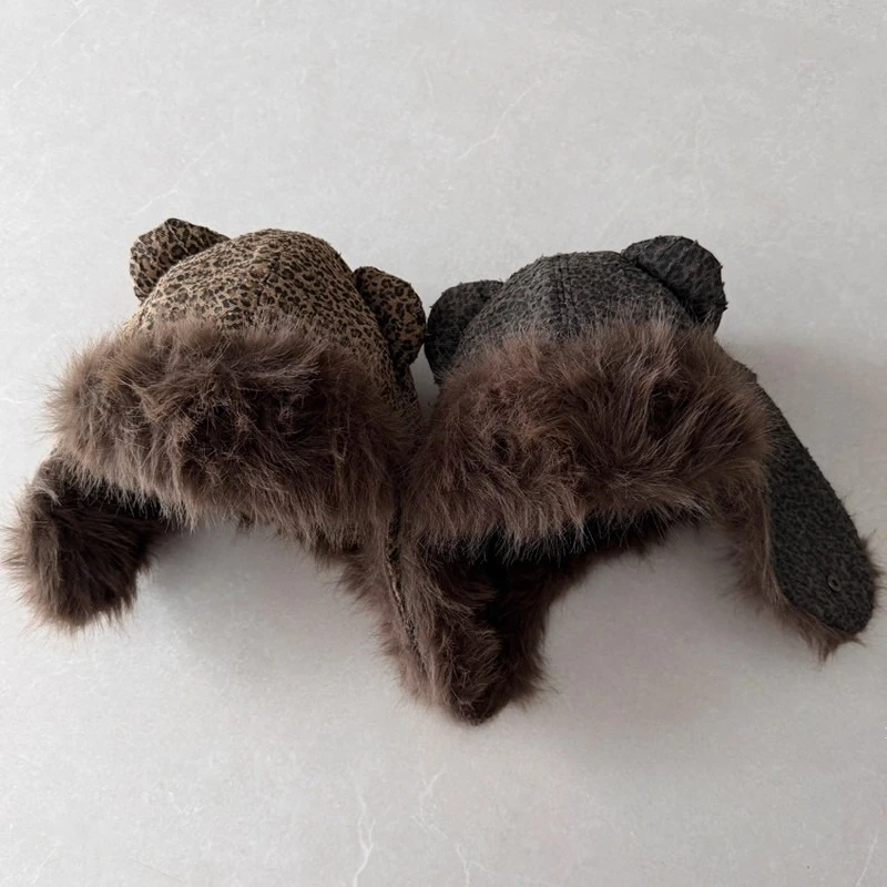 

Винтажные нишевые шапки-бомберы с леопардовым принтом и милыми кошачьими ушками для женщин, зимние теплые шапки-бомберы для защиты ушей, универсальная модная мужская кепка