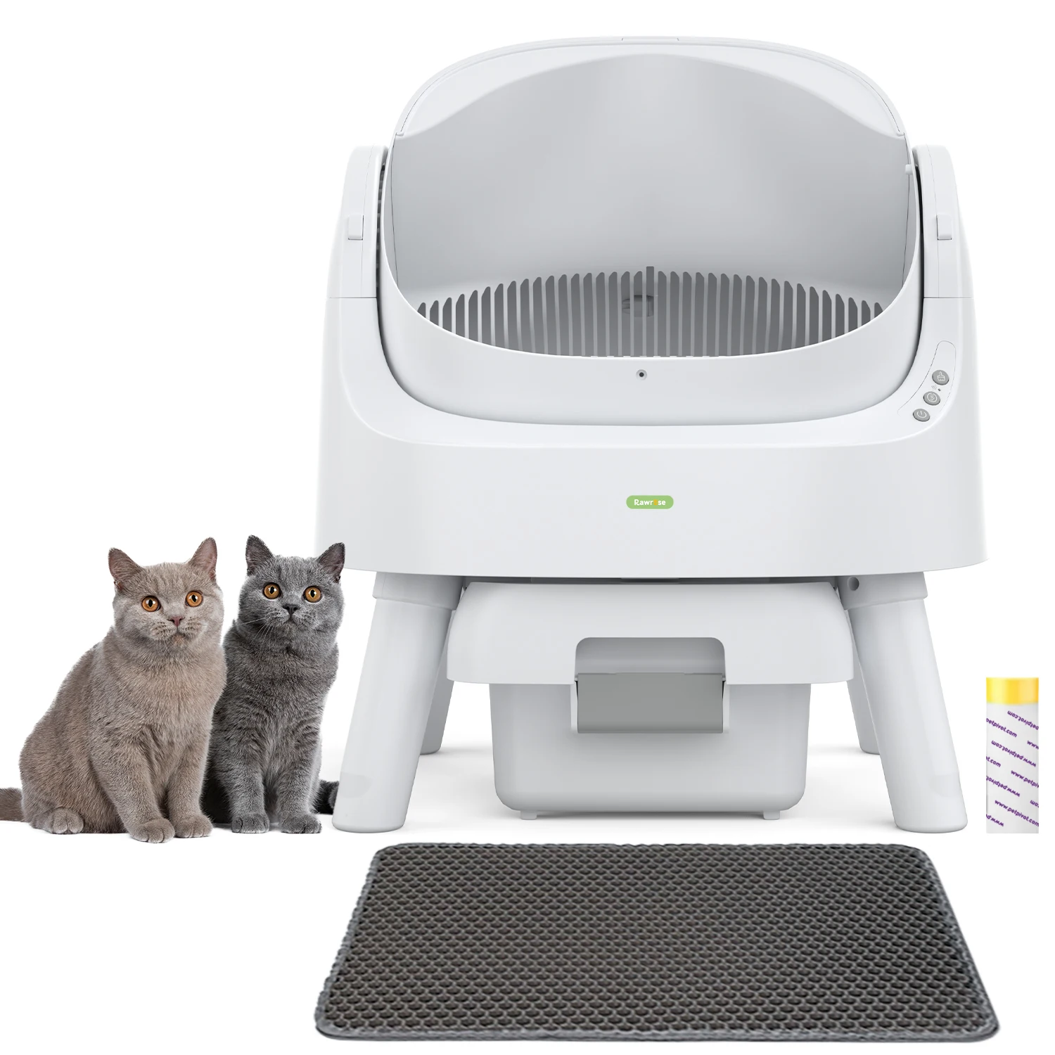 Open-Top Automatic Cat Litter Box Self Cleaning with Safety Protection, Includes Mat And Trash Bags, White