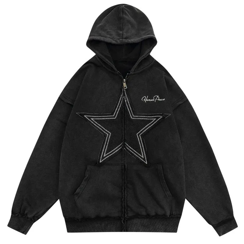 BIG PROMOTION Y2K autumn and winter trend street cardigan five-pointed star patch hooded sweater loose zipper pocket coat