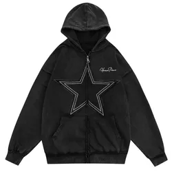 BIG PROMOTION Y2K autumn and winter trend street cardigan five-pointed star patch hooded sweater loose zipper pocket coat