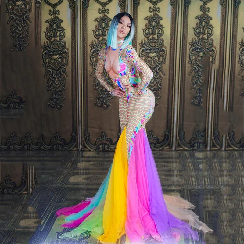 Women Singer Evening Outfit Sexy Colorful Mesh Party Tail Dress Big Stretch One-Piece Long Dresses Stage Performance Wear