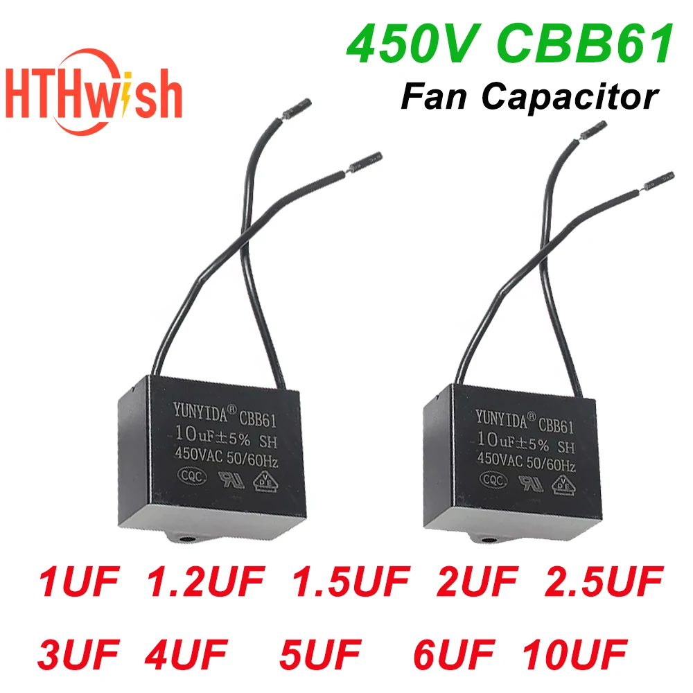 1/2PCS CBB61 450V High-Quality Fan Capacitor 5% 1UF 1.2UF 1.5UF 2UF 2.5UF 3UF 4UF 5UF 6UF 10UF for Ceiling Fans