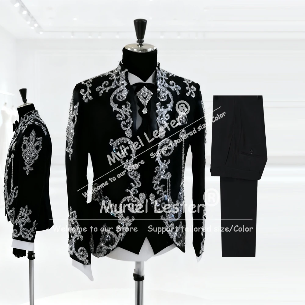 

Brilliant Beaded Crystals Suit Men For Wedding 3 Piece Set Single Breasted Jacket Vest Pants Customized Groom Tuxedos Outfits