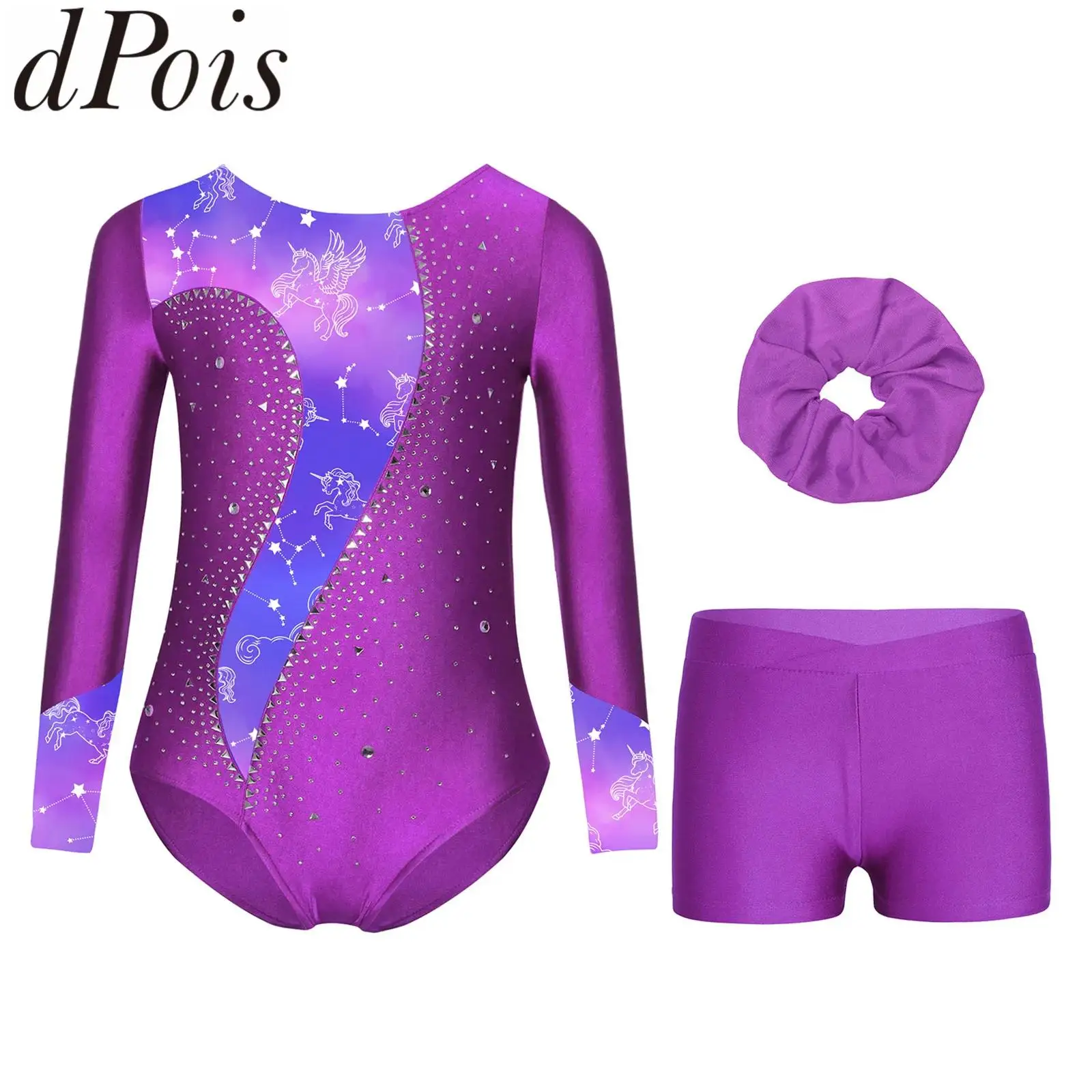 أطفال بنات كم طويل الجمباز ملابس يوتار تجريب ارتداءها مع السراويل مجموعة عصابات رأس رياضية أداء الرقص زي