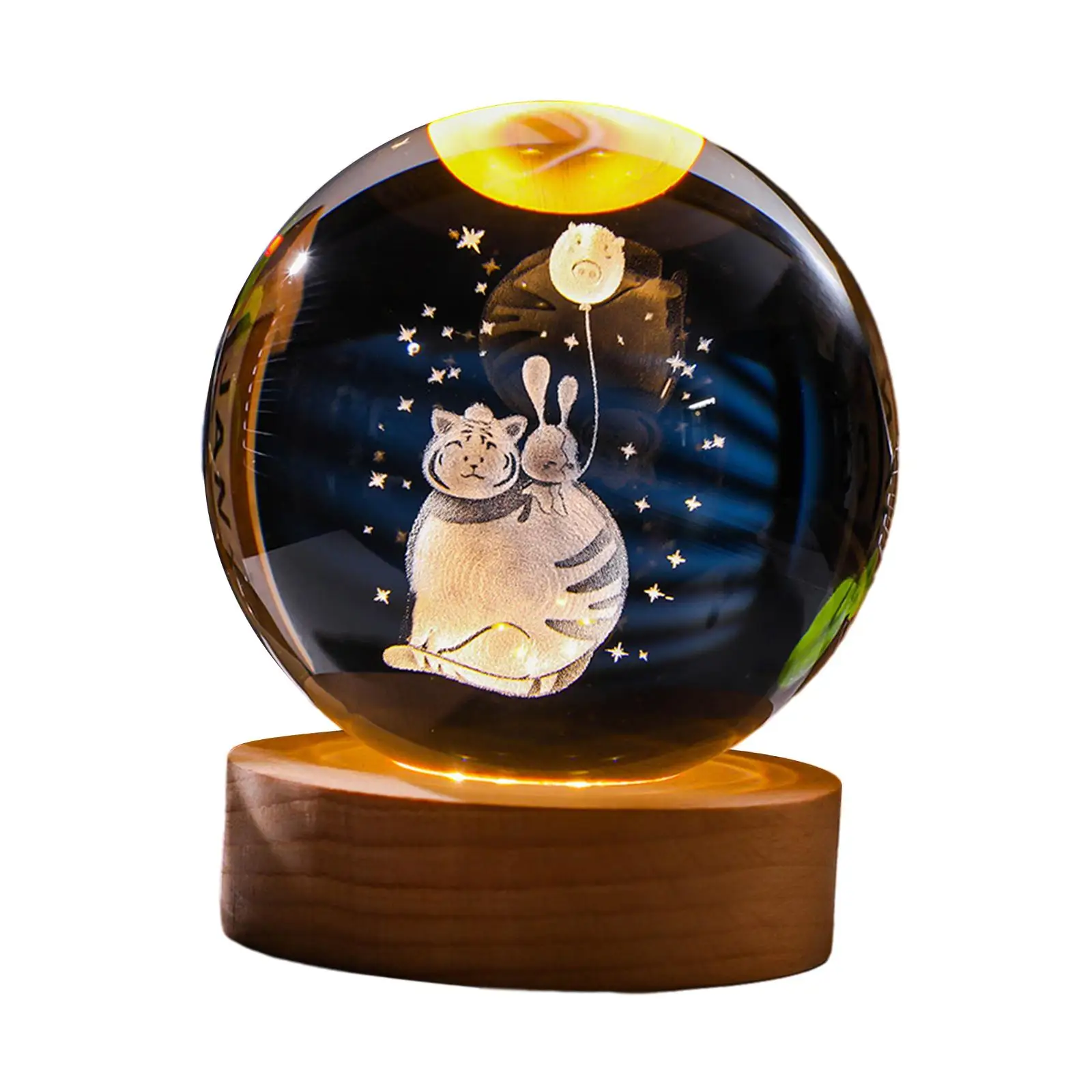 2.4inch 3D Artificial Crystal Ball Night Light Wooden Base Desk Decoration for Housewarming, Anniversary Gift Versatile Sturdy