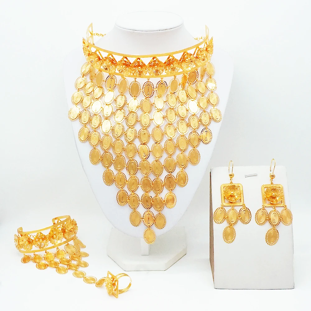 Dubai Gold-Plated Floral Pattern Necklace Set Luxury Jewelry Set for Saudi Arabian Women Wedding Bridal Accessories Gift