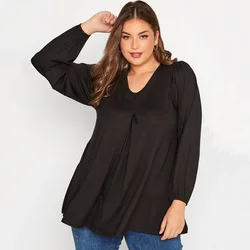 Plus Size Long Sleeve Spring Autumn Elegant Swing Top Women Pleated Front Loose Black Tunic Large Size Casual Blouse 6XL 7XL 8XL