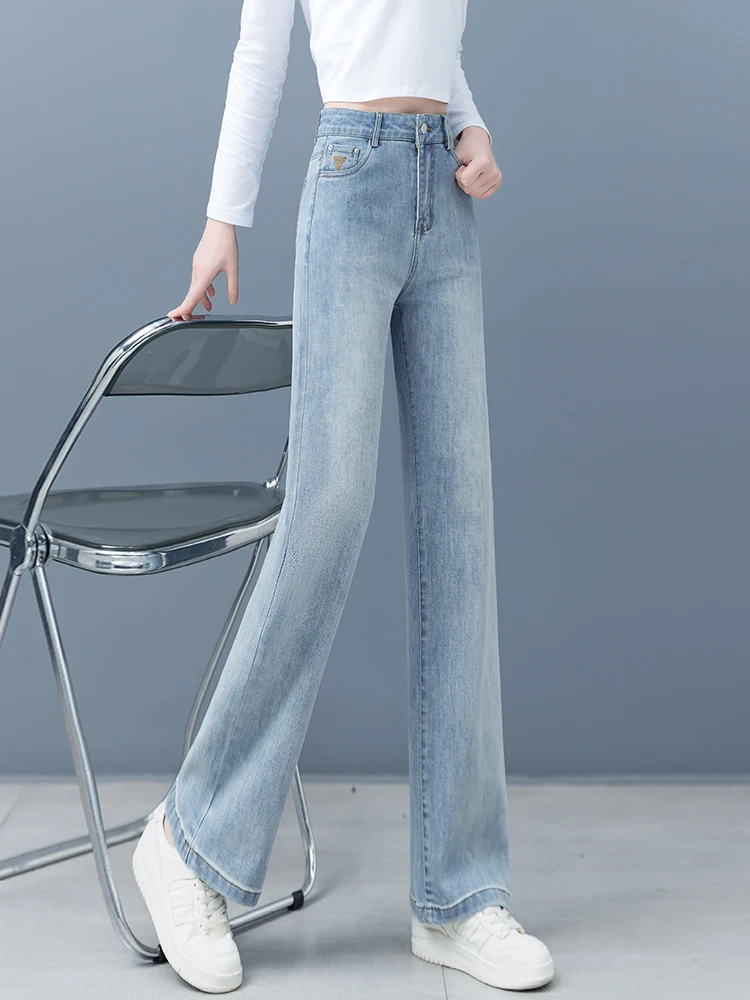 

Светло-голубые прямые джинсы с высокой талией, женские, весенне-осенние, свободного кроя, повседневные, широкие брюки, визуально стройнящие, в повседневном стиле