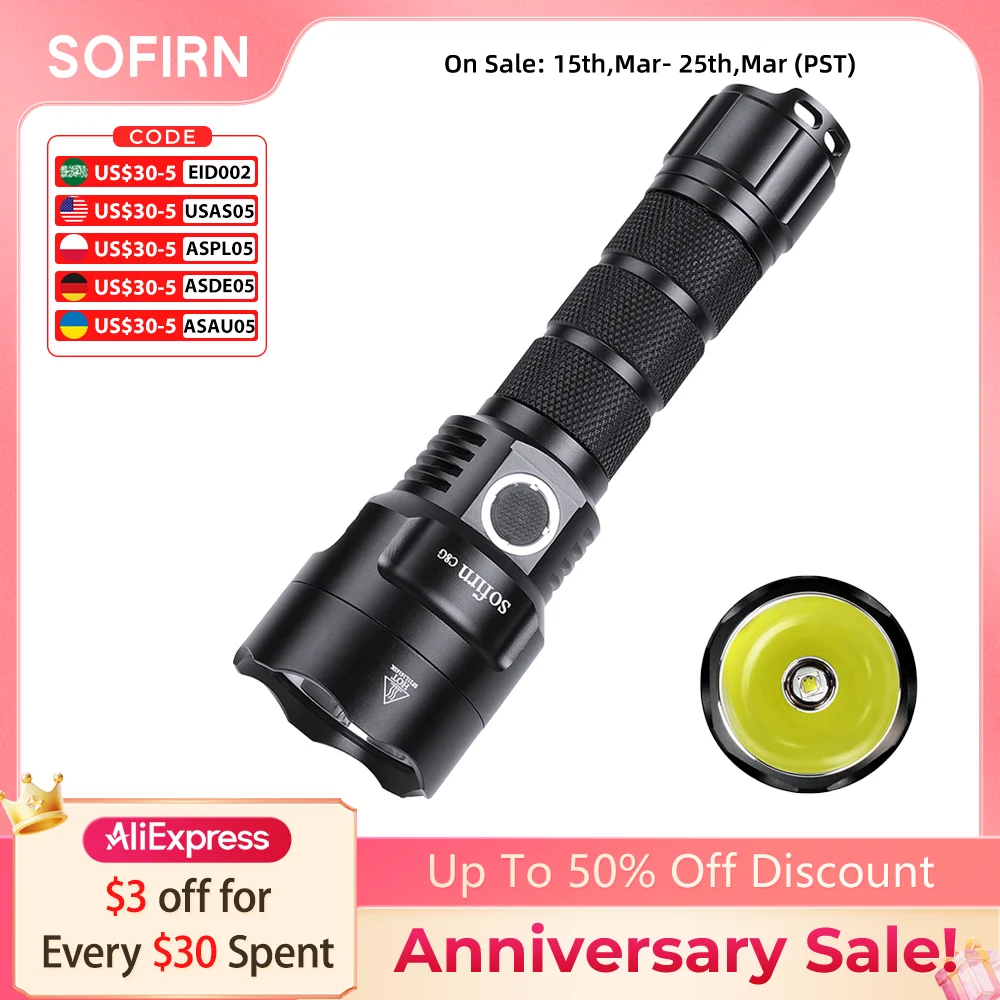 

Sofirn C8G Powerful 21700 LED Tactical Flashlight SST40 2000lm 18650 Recharge Battery Torch with ATR 2 Groups Ramping Indicator