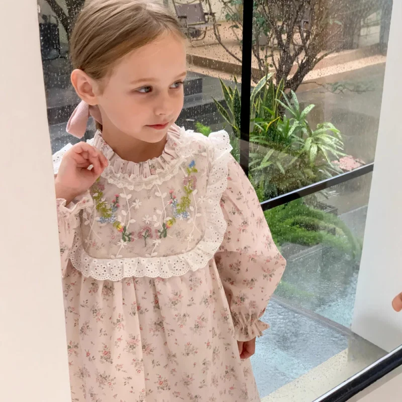 

Girls Spring Dress New Embroidered Lace Trim Collar Floral Princess Dress Baby First Birthday Dress