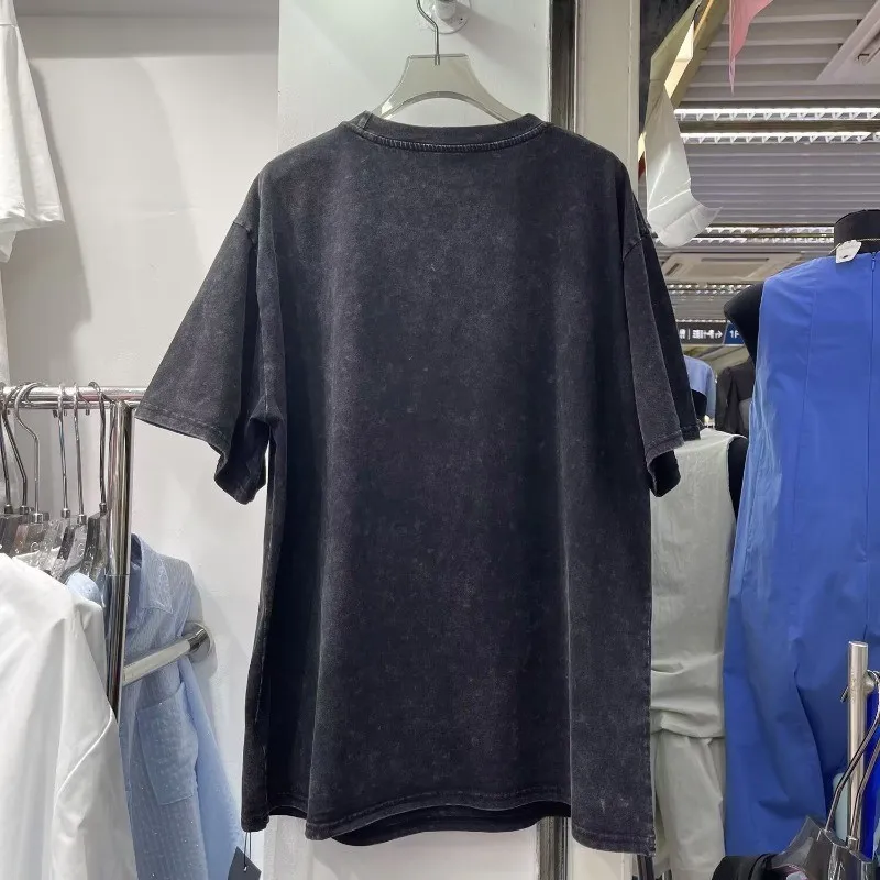 تي شيرت كلاسيكي كبير الحجم ميني كارتوني - تي شيرت بأكمام قصيرة مغسول ونمط أوروبي، بلوزة صيفية فضفاضة مغسولة للصناعات الثقيلة