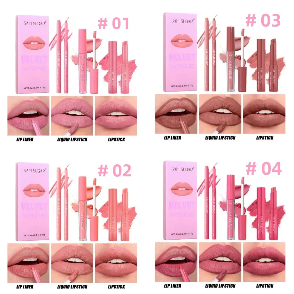 SAM SUGAR Langlebiges, wasserfestes, mattes Lippen-Make-up-Set, hochpigmentierter 3-in-1-Lipliner, flüssiger Lippenstift, Lippenstift-Set