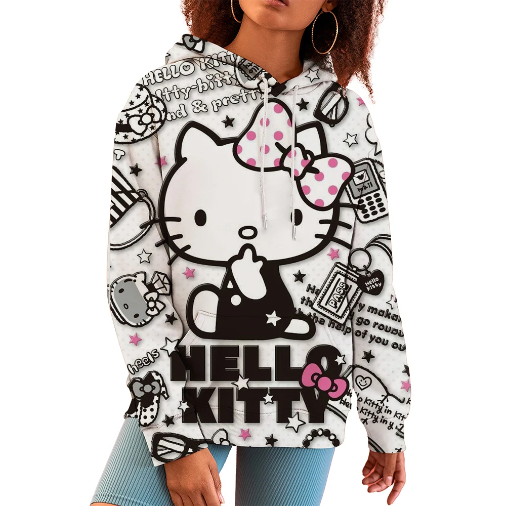 

Hello Kitty New Print Tops Hooded Women Autumn Winter Aesthetic Loose Sweatshirts Y2k Cute Pullovers Fashion Clothes
