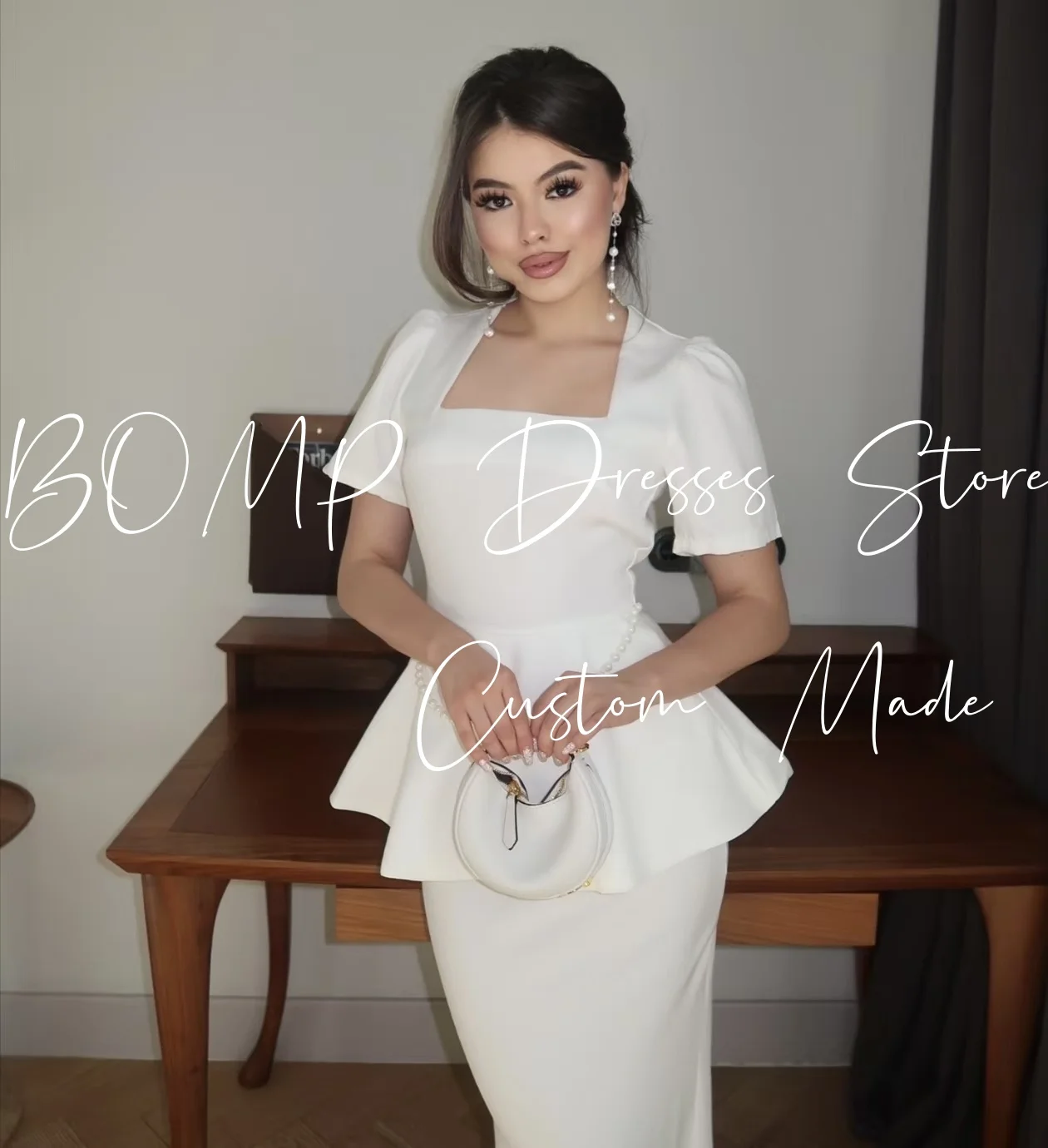 BOMP elegante vestido de noche blanco de manga corta drapeado sirena hasta el suelo satén ocasión especial vestidos de fiesta personalizado árabe