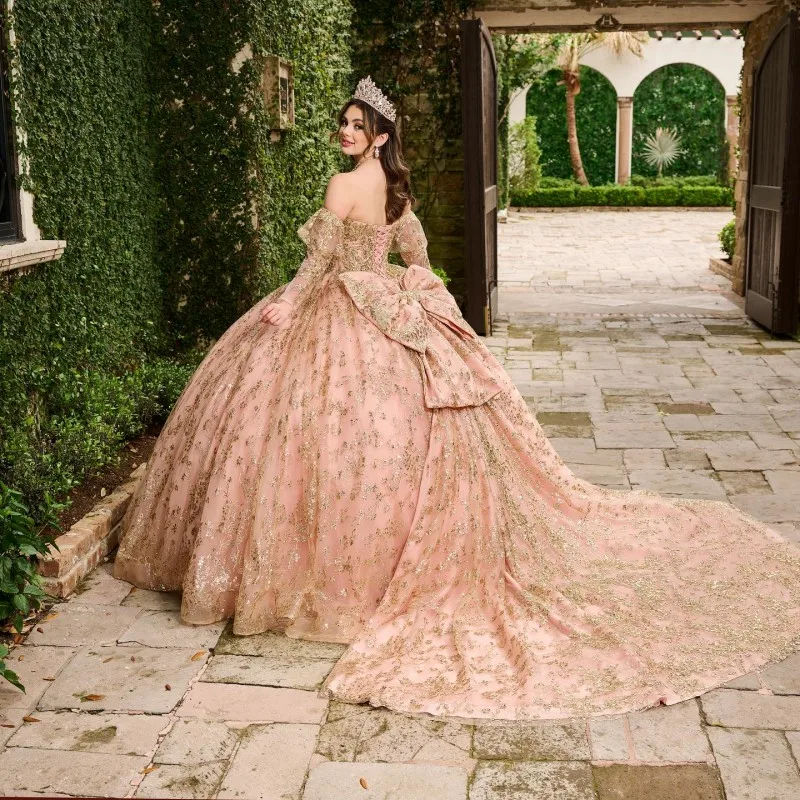 

Pink Shiny Ball Gown Quinceanera Dress Tulle Gold Appliques Flowers Bow Off Shoulder Sweet 15 16 Years Birthday Party Formal