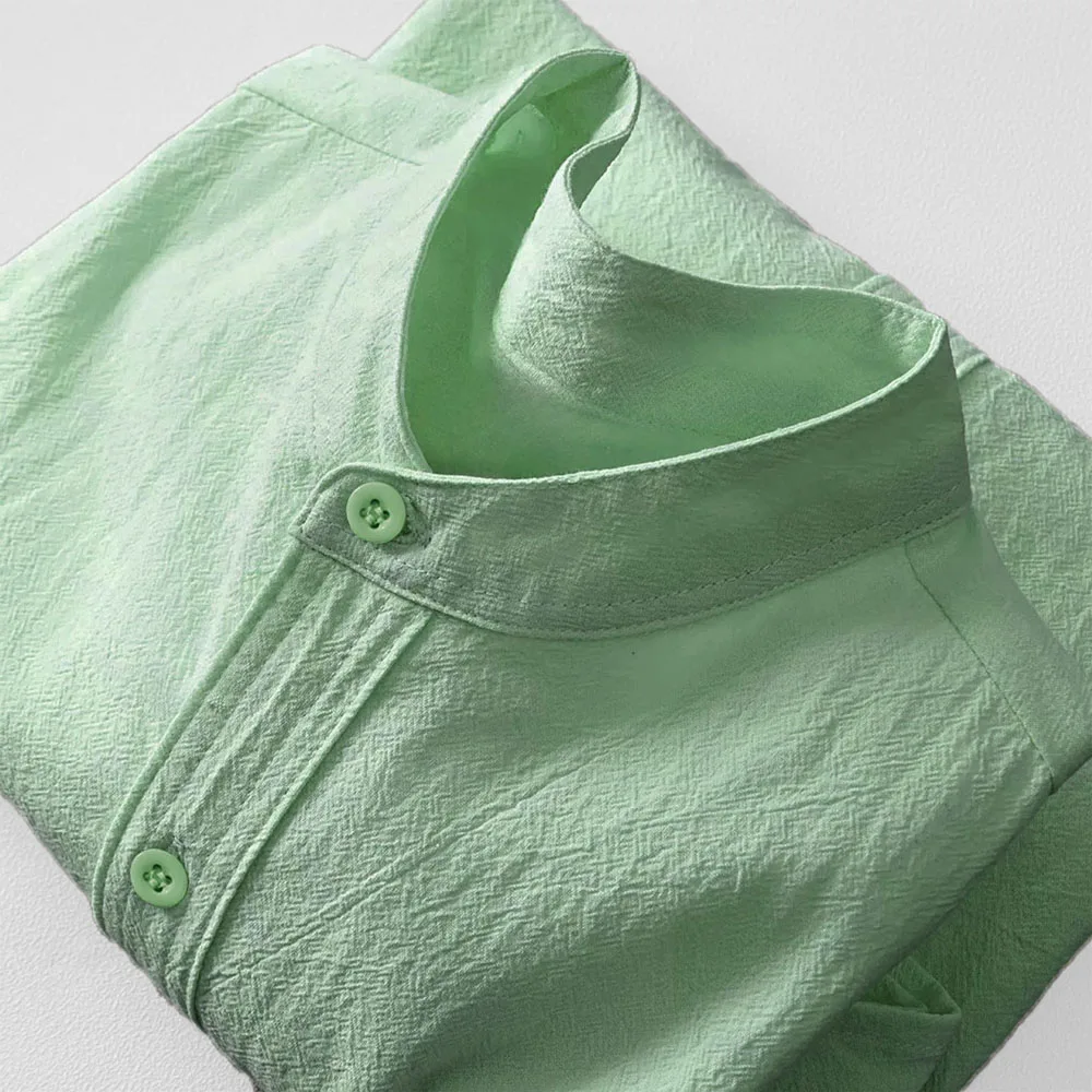 Herren-T-Shirt aus Baumwolle und Leinen, Sommer, heißer Verkauf, Henley-Ausschnitt, lässig, atmungsaktiv, leicht, einfarbig, Taschenknopf-Tops – Detail 8