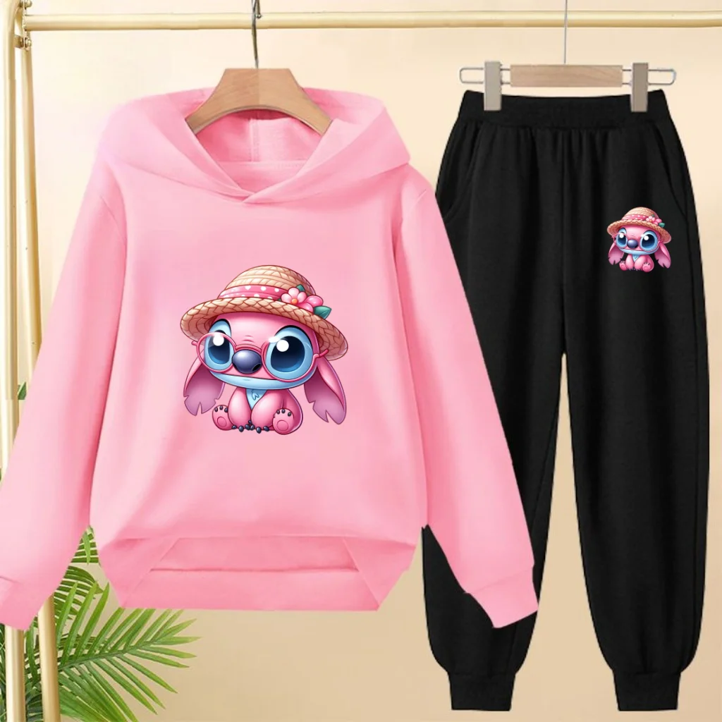 

Pink Children Hoodie Stitch Cartoon Print Sweatshirt +Pants 2P Boys Girls Toddler age 3-12 Girls Clothes Pullover Sport Kids Set