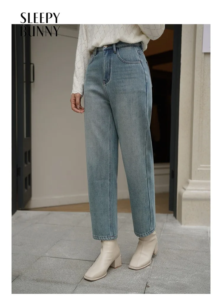 

Warm Thick Vintage Fleece Lined Jeans Winter High Waist Straight Denim Pants Slimming Trousers for Women Petite Casual Outfit