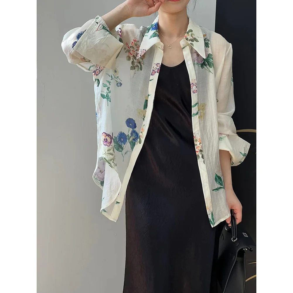 

French Style Floral Thin Soft Elegant Shirt 2024 Spring and Summer New Girls High Fashion Temperament Loose Top Fresh Shirt