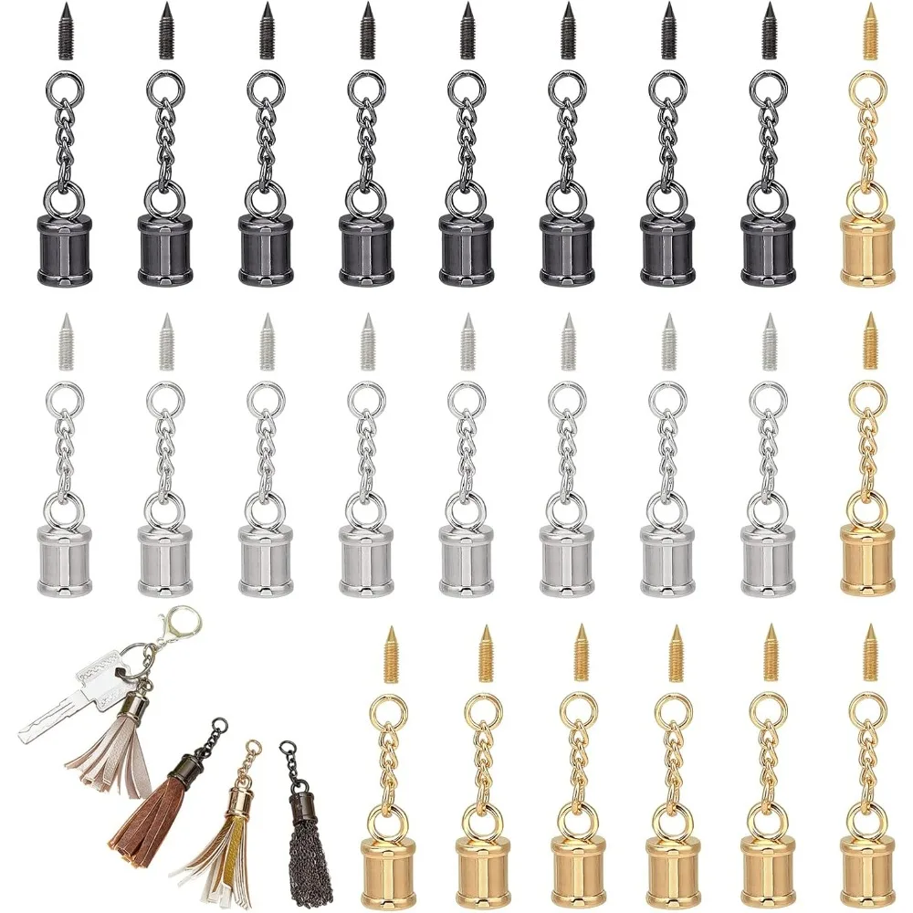 24 Pcs 3 Colors Tassel Cord End Cap with Screw and Chain 1 inch Leather Tassel Alloy Glue in Cord for Bag Ornament DIY