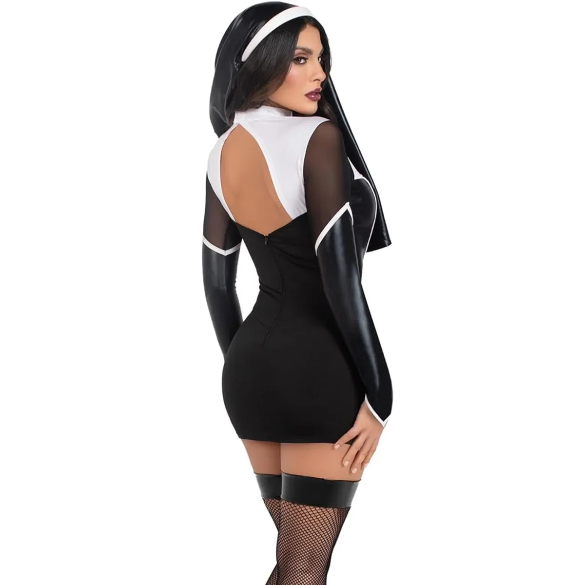 

Costume d'Halloween en similicuir pour femme, cosplay PU, boîte de nuit, femme de chambre nonne, manches longues, évider, jupe