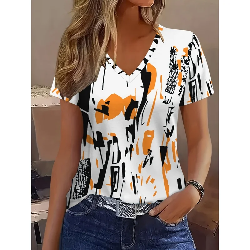 [Women's Casual Shirt] Casual Fashion Short-Sleeve Women's Shirt Lines Color Block Patchwork Graphic  Print Breathable V-Neck