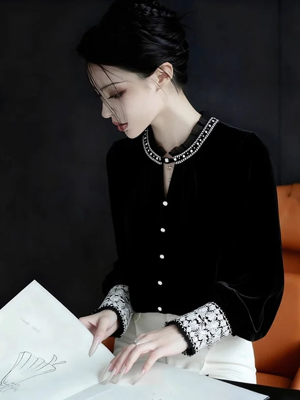 

Элегантная черная бархатная футболка в китайском национальном стиле, утягивающая, для базового слоя, уникальная, осенне-зимняя, премиум-класса, с круглым вырезом, длинная...