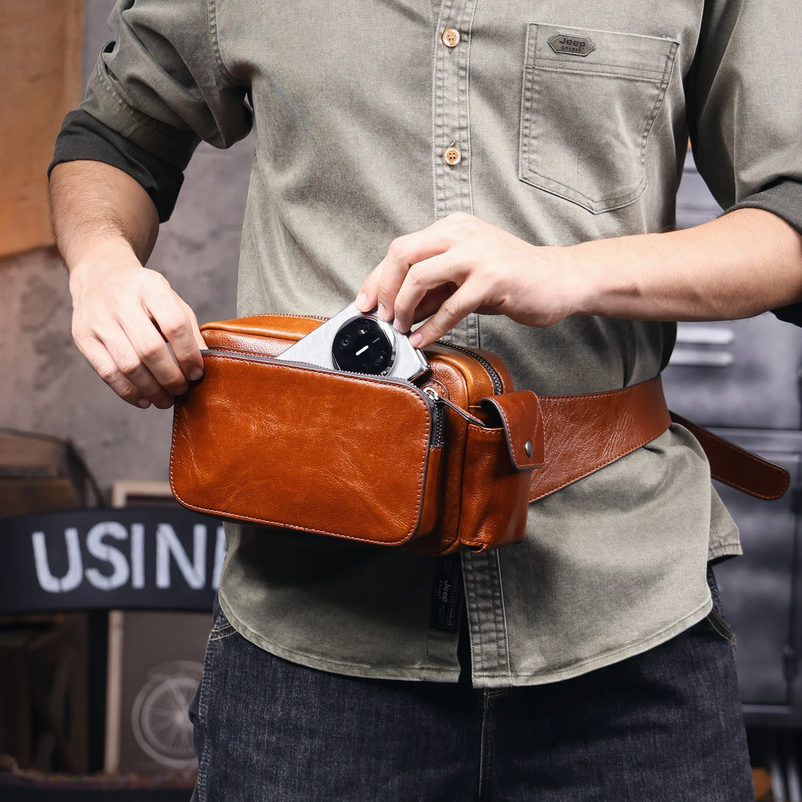 Vintage-Umhängetasche aus hochwertigem, pflanzlich gegerbtem Echtleder für Herren, modische Schultertasche, Motorrad-Umhängetasche – Detail 6