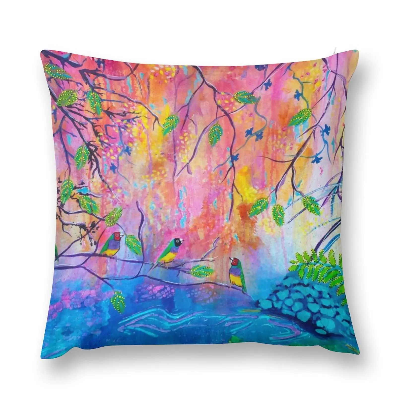 Gouldian Finches Colourful Creekside Throw Pillow Sofa Decorative Covers pillows decor home pillow