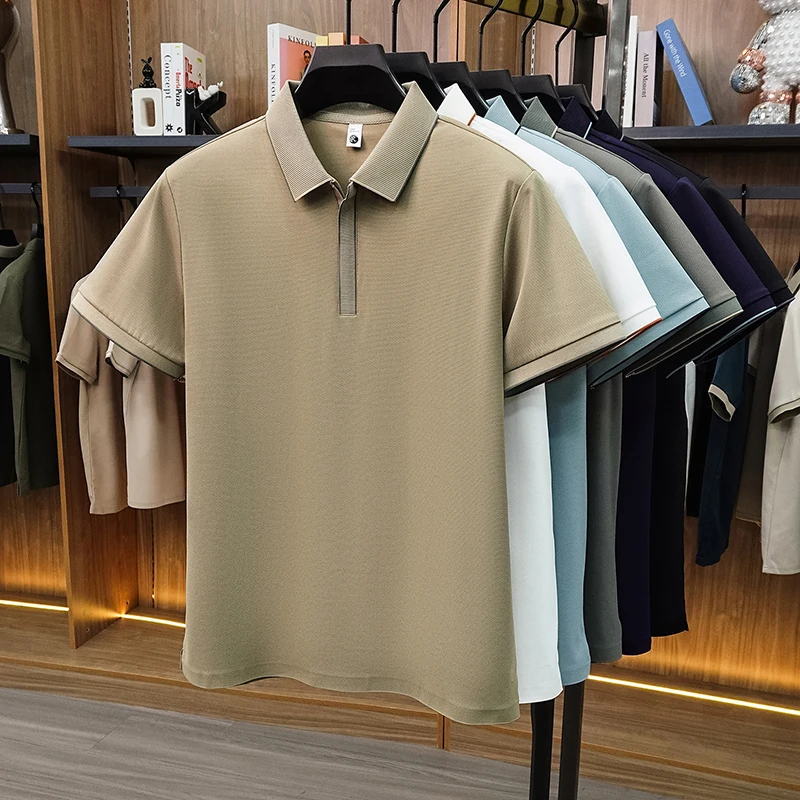 Luxuriöses Herren-Poloshirt mit kurzen Ärmeln, Sommer-Neuheit, einfarbig, Business-Casual, atmungsaktives Eisseide-T-Shirt mit High-End-Komfort – Detail 2