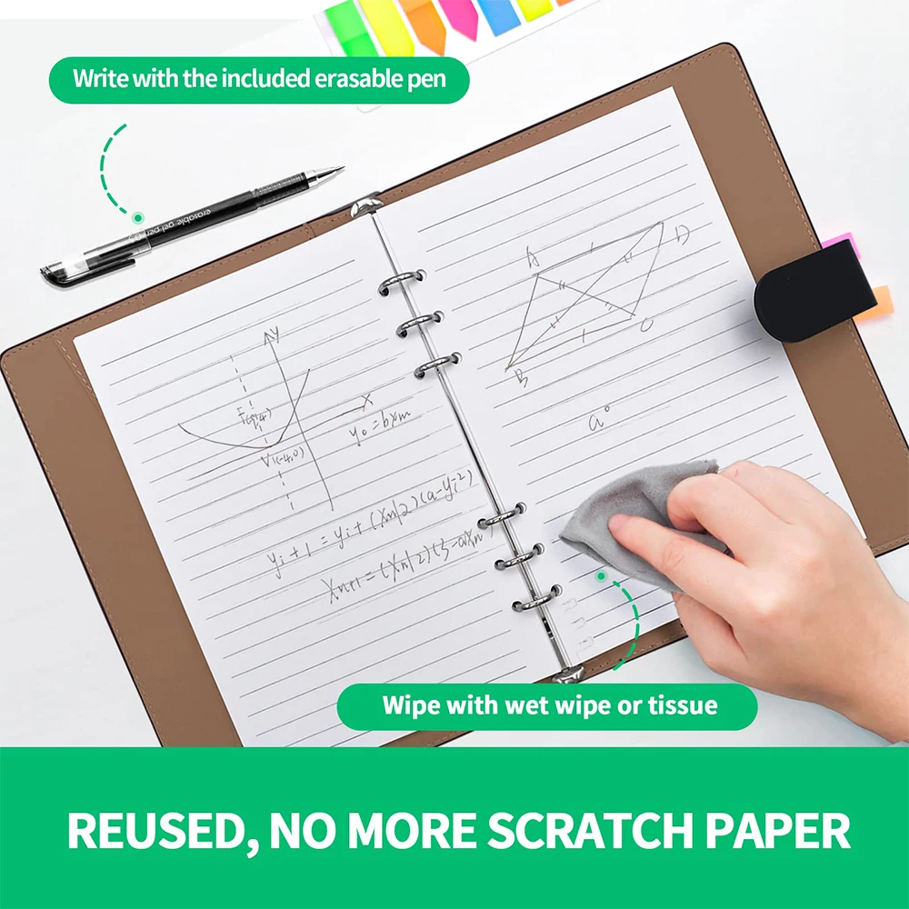 Reusable Smart Notebook A5 PU Leather with Storage Function 6 Page Styles Endlessly Reusable Note Pad Pen Self-Stick Notes Wipe