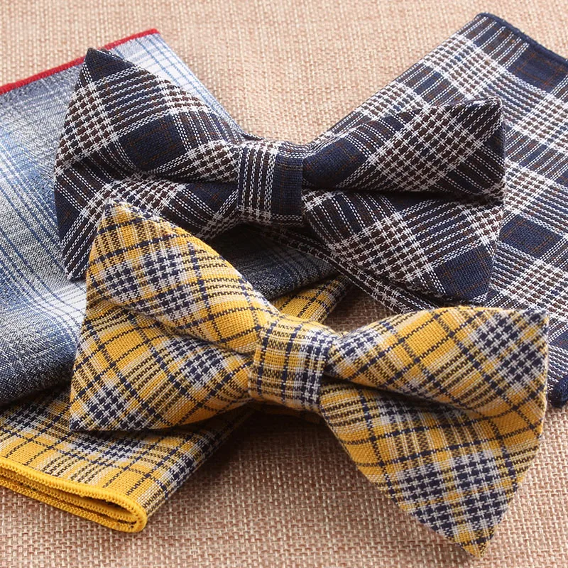 Cotton Plaid Series Pocket Square Bow Ties Sets Leisure Leisure Suit Accessory for Man Women Business Formal Party Hanky Bowtie