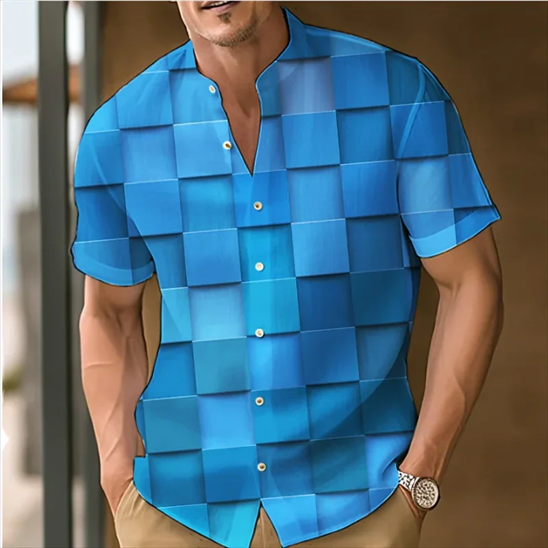 Camisa con estampado 3D a cuadros para hombre, camisa con botones y cuello levantado, ropa de manga corta de gran tamaño, diseñador de moda, comodidad informal