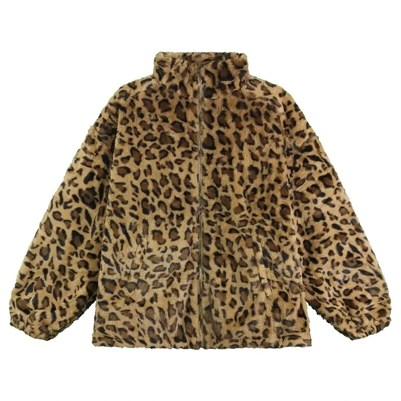 Autumn And Winter Womens New Leopard Print Stand-up Collar Top Soft Zipper Plush Warm Loose Slim Fashion Long Imitation Fur Coat