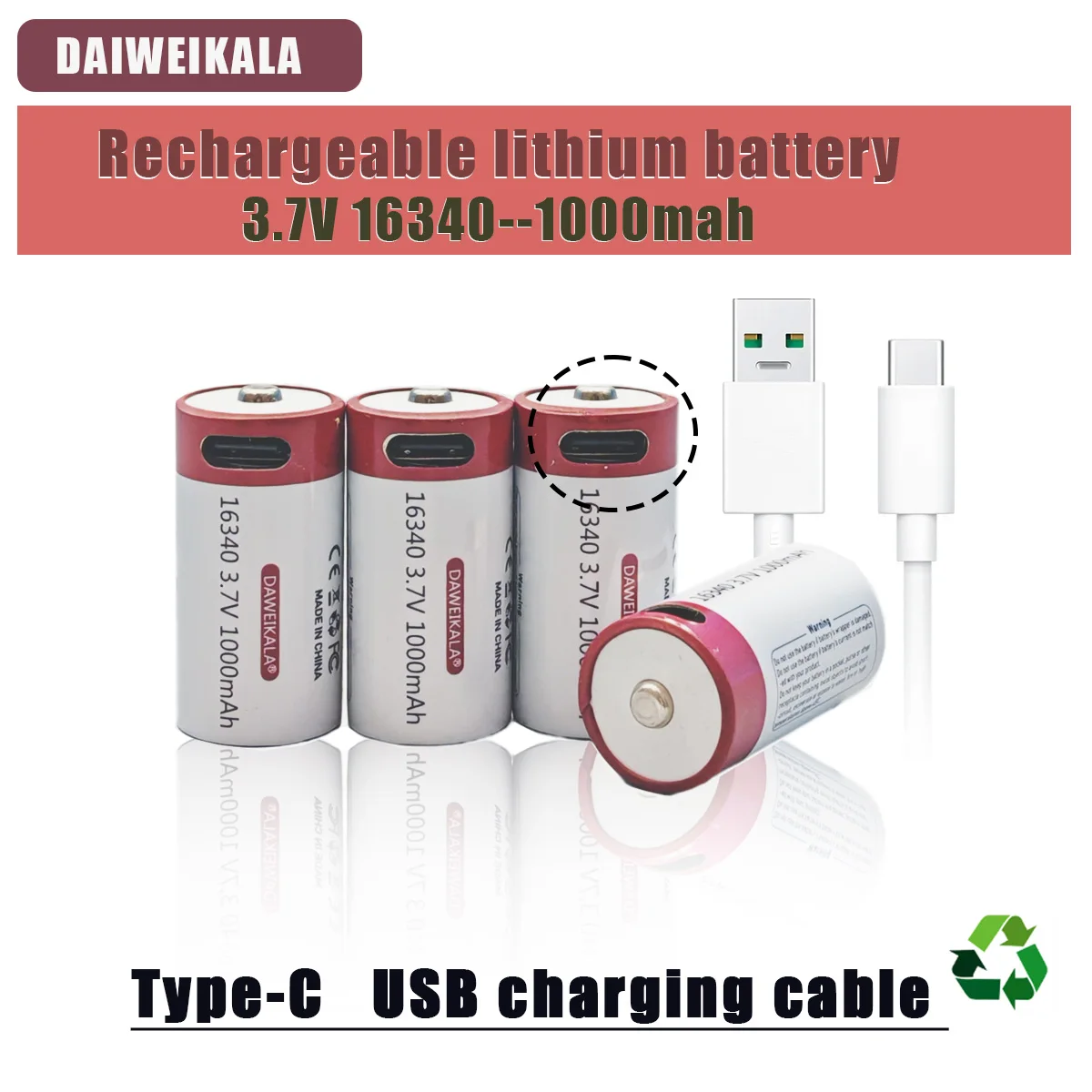 3.7V 2026 New 1000mah 16340Type-C CR123A Li-ion Rechargeable Batteries and For LED Flashlight Laser Pen for 16340 CR123A Battery