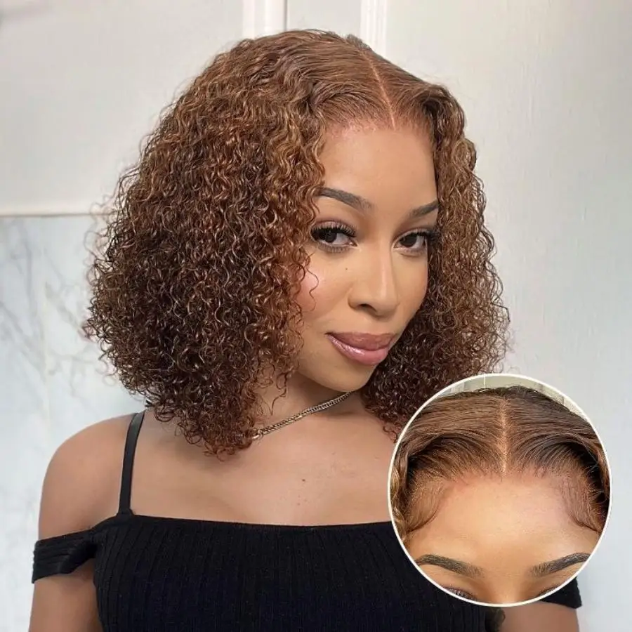 

Highlight Deep Wave Honey Blonde Glueless Bob Wigs Human Hair Pre Plucked Pre Cut Wear and Go Curly Wigs Ombre HD Lace Front Wig